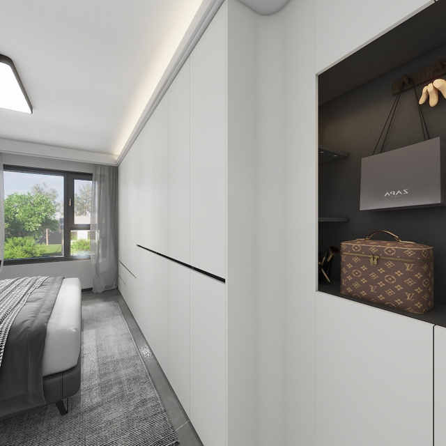 Esquema blanco espacio de almacenamiento moderno dormitorio grande