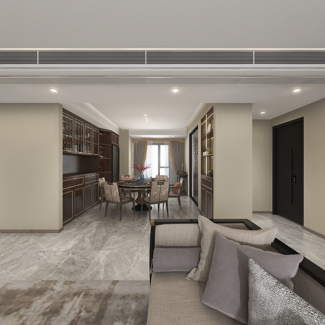 Nuevo gabinete de televisión de sala de estar de estilo chino con estilo de panel de puertas de grano de madera oscura