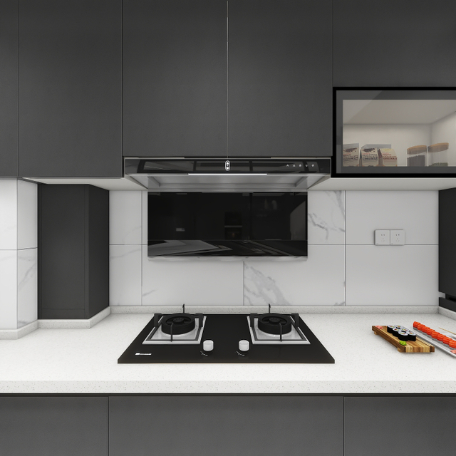 Gabinete moderno de cocina minimalista en blanco y negro en forma de L